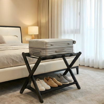 2-Tier Bamboo Luggage Rack with Fold-Flat Design, Sturdy Suitcase Stand with Lower Shelf for Shoes or Bags, for Guest Rooms and Hotels