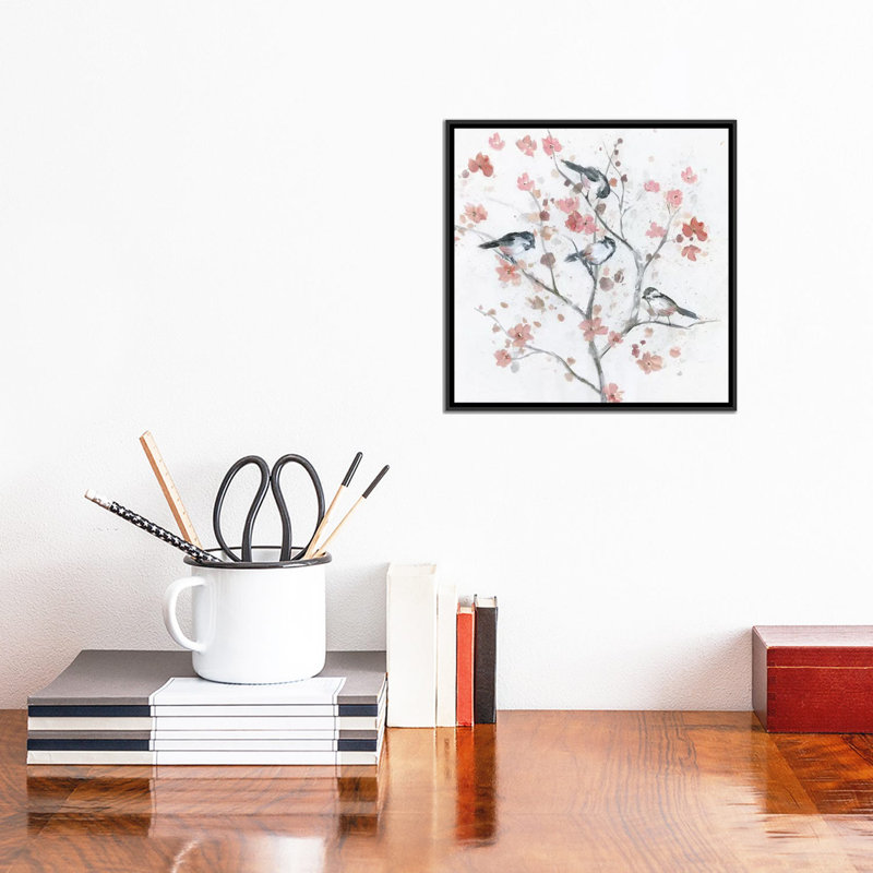 Chickadees In Spring II par Nan - reproduction, H 12 po x l 12 po x P 1,5 po, Toile avec cadre noir, Pas de tapis