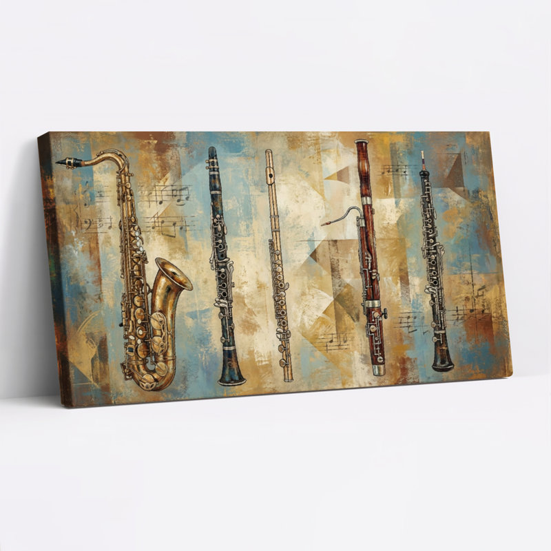 Ensemble de 1 tableau abstrait représentant des instruments à vent sur toile tendue, H 16 po x l 32 po