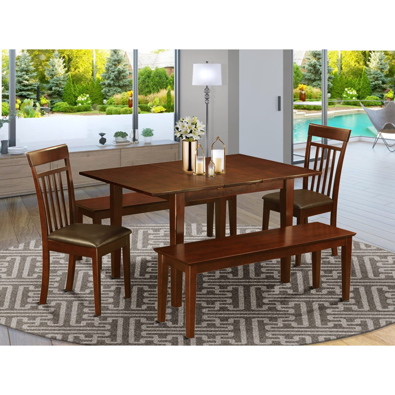 5 Piece Dining Table Set Includes a Rectangle Wooden Table with Butterfly Leaf and 2 Faux Leather Dining Chairs with 2 Benches, Mahogany