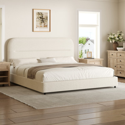 Manfred Boucle Upholstered Cloud Bed Frame And Farmhouse Nightstand Set