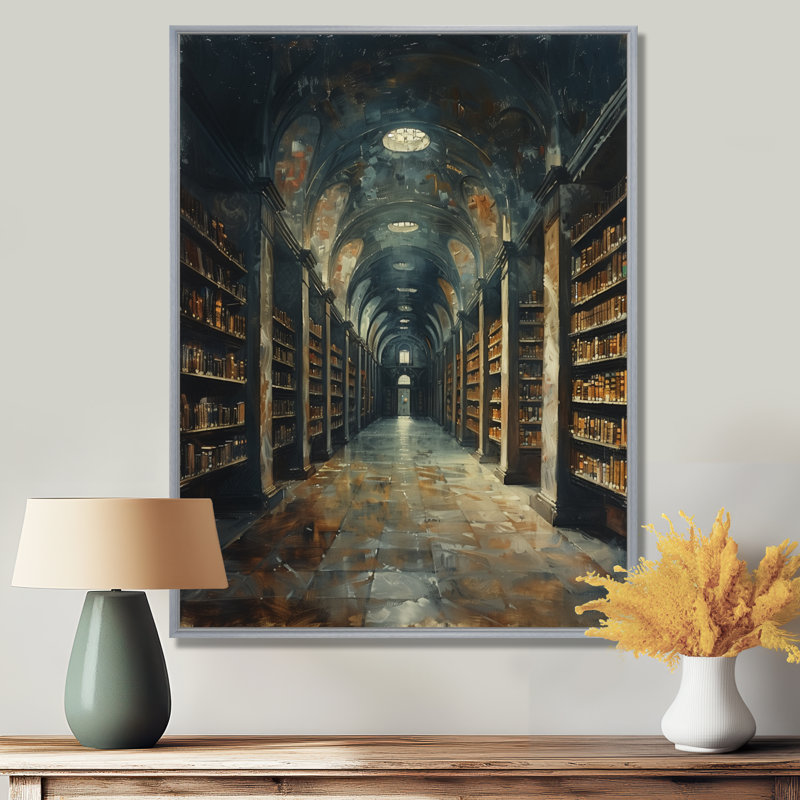 Bibliothèque historique brune, reproduction d'art mural, H 34 po x l 44 po, Encadrement argenté