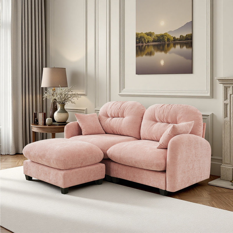 Sectional L-shaped Couch With Ottoman, Chenille Fabric, Pink Chenille