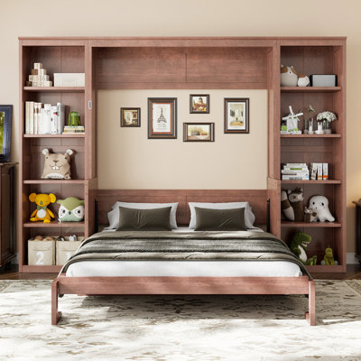 Queen Size Murphy Wall Bed with Built-in Desk and Bookshelf, Space-Saving Platform Bed, Dark Brown