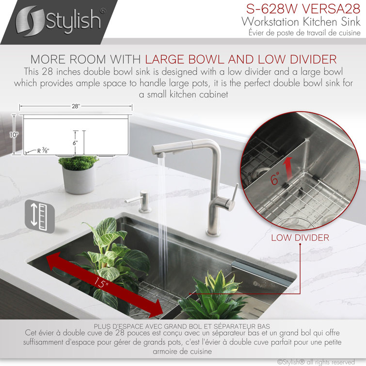 STYLISH 28 inch Workstation 60/40 Double Bowl Undermount 16G Kitchen Sink  with Accessories included