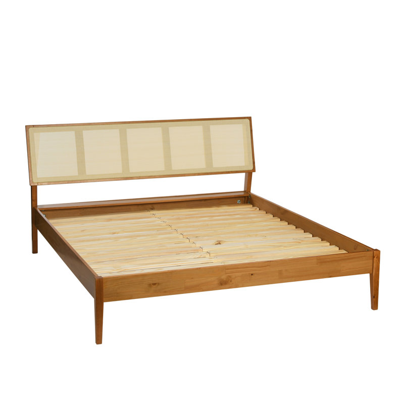 Crawford Modern Solid Wood Bed with Woven Cane Headboard, Queen, Brown
