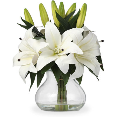 Fleurs de lis tigrées artificielles de 13 pouces, 6 tiges de lys réalistes en soie avec vase en verre, fausses fleurs pour la décoration intérieure, mariage, centres de table, blanc