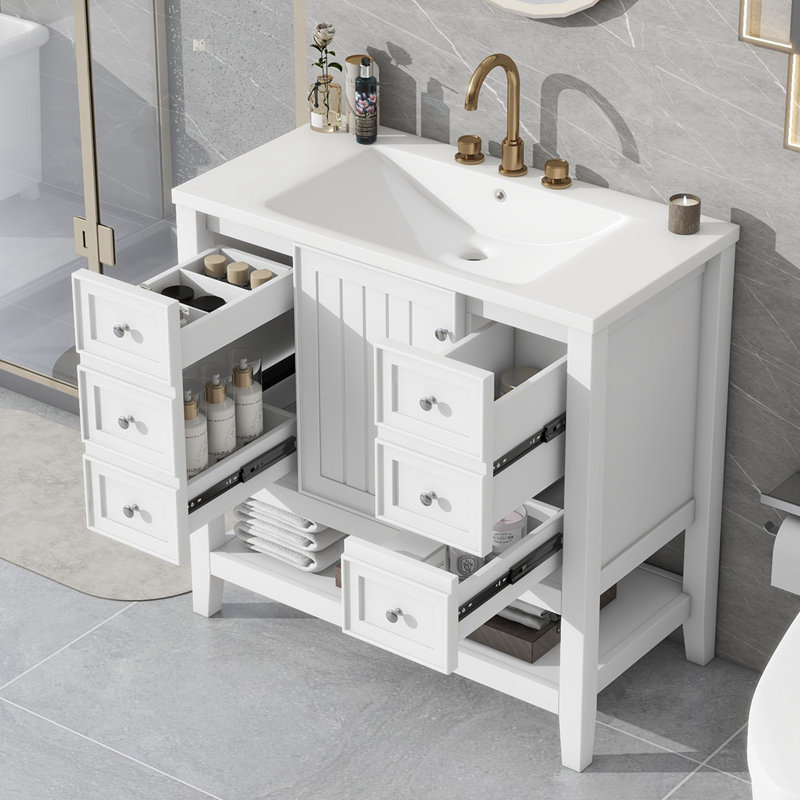 Meuble-lavabo simple 36 po avec plateau en céramique Fillbert, Blanc