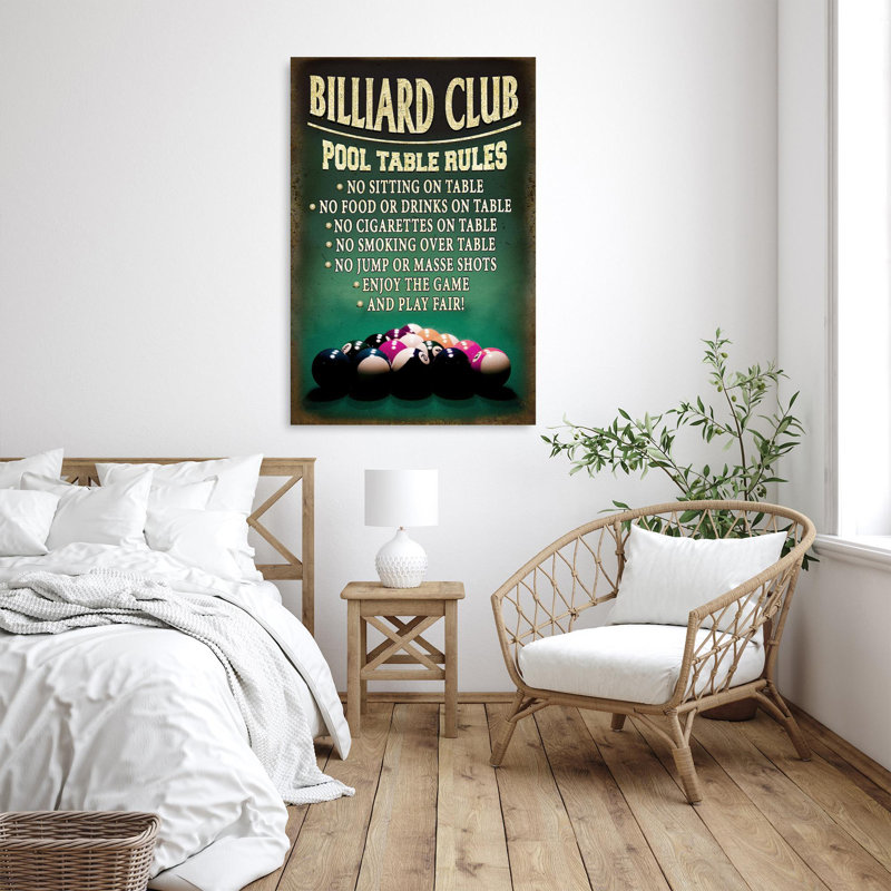 Billiard Club Balls - Pool Table Rules, No Sitting On Table - 1 Piece Rectangle Graphic Art Print On Wrapped Canvas