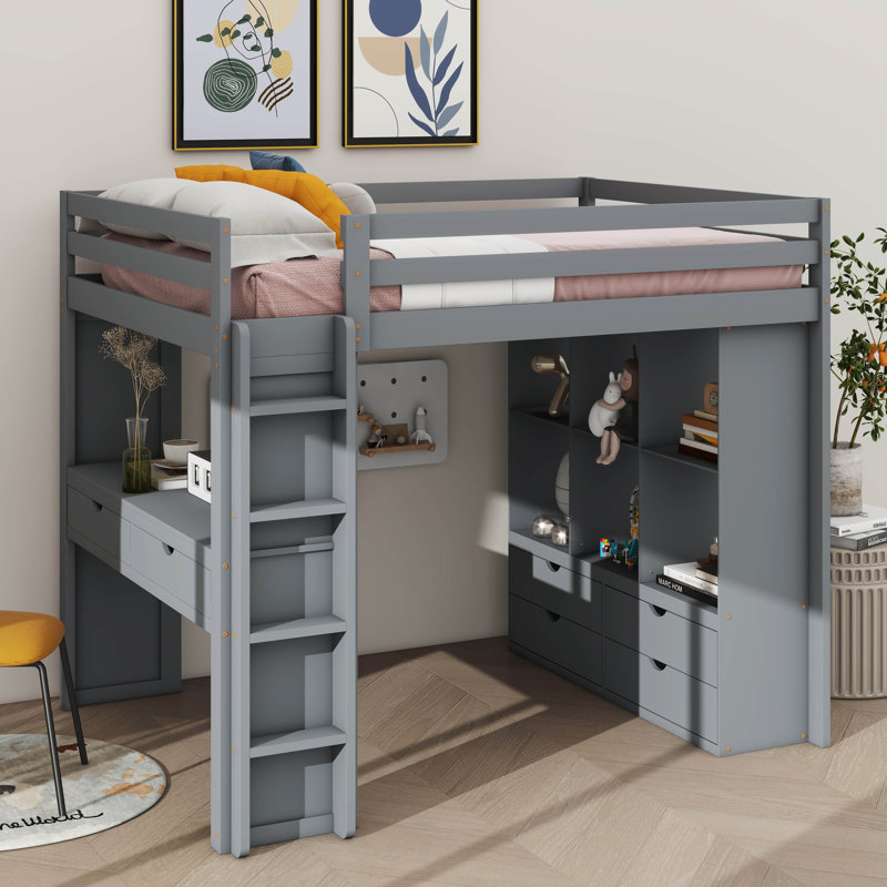 Lit mezzanine avec grandes tablettes Jonavan, gris, Double