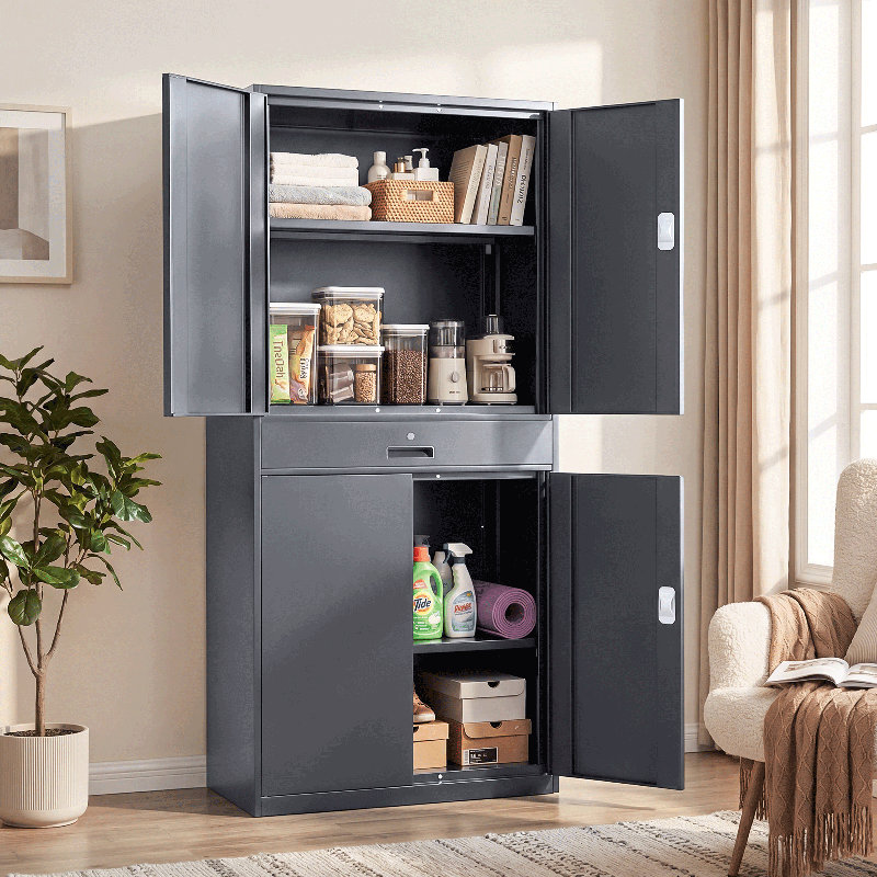 71" Metal Storage Cabinet, Garage Storage Organizer with Locking Doors, Drawer and Adjustable Shelves, Gray