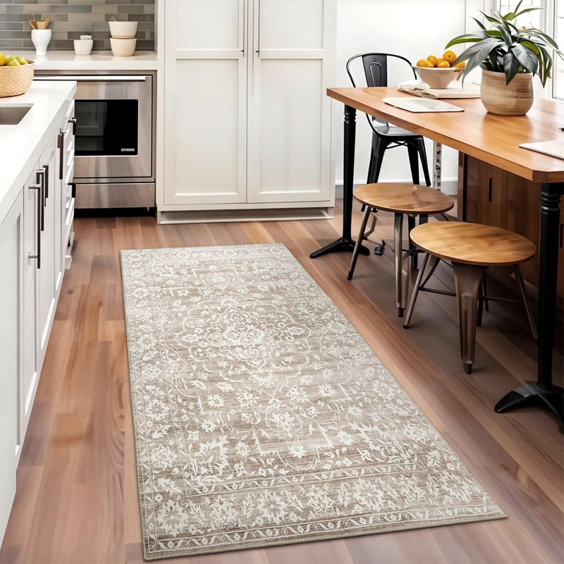 Machine Washable Medallion Floral Area Rug(Brown), Rectangle 3' x 5'