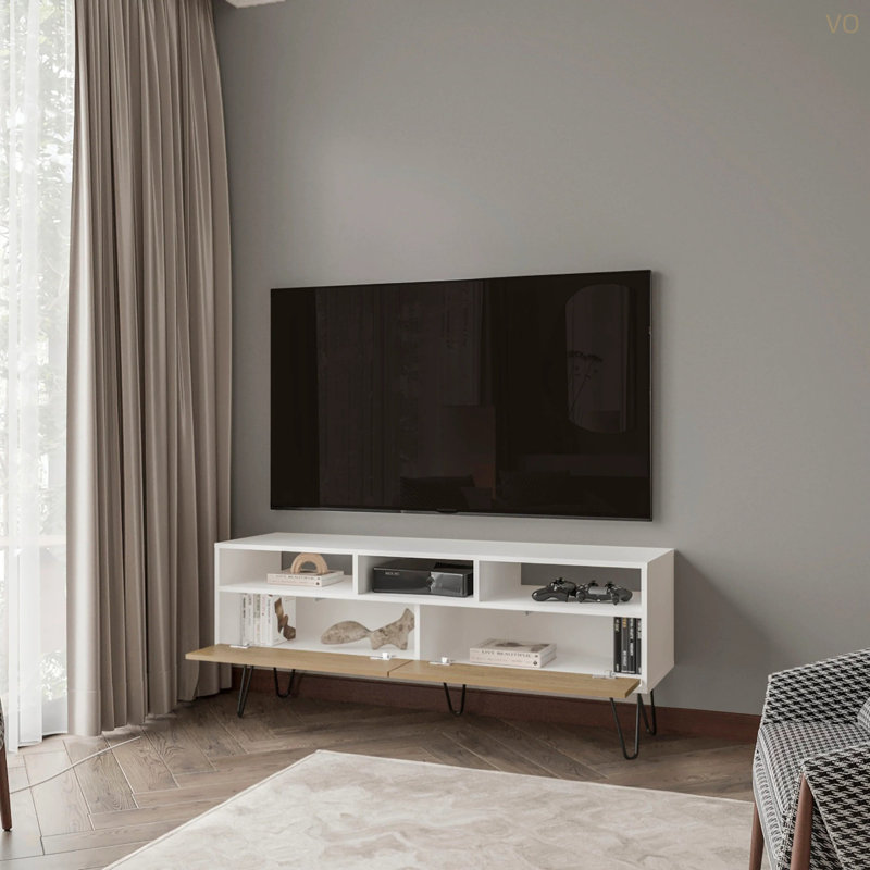 White And Natural Oak TV Stand With 2 Doors And Open Storage