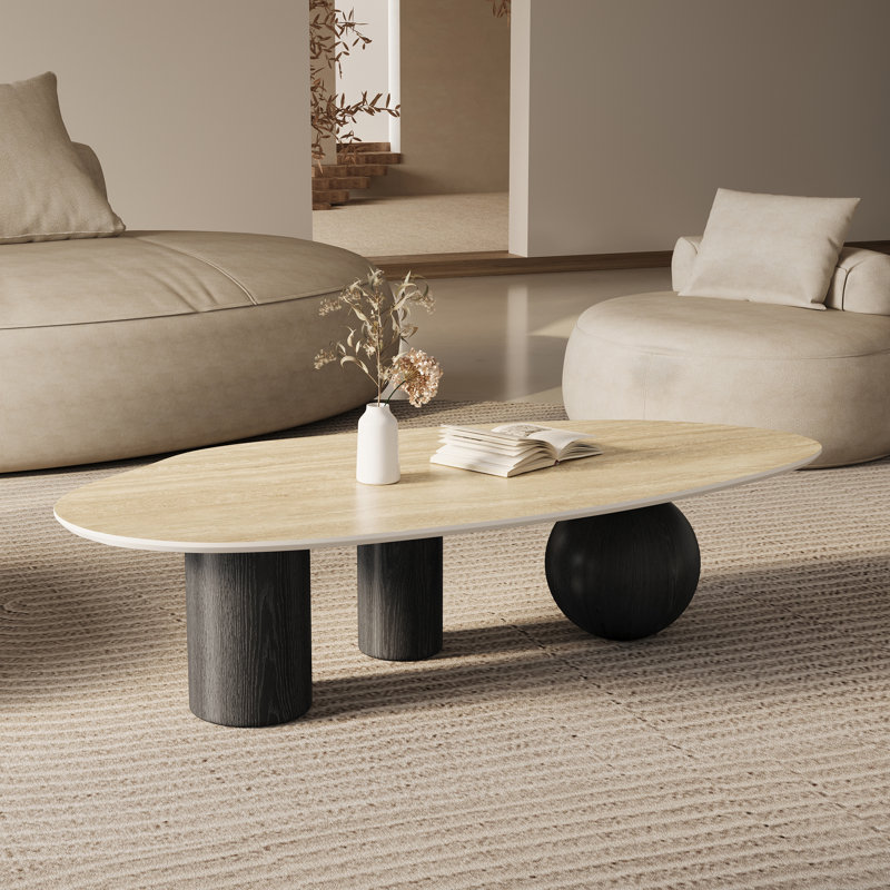 Laylla Modern 54" Coffee Table, White Sintered Stone Table-top, 3 Stainless Steel legs, Free form, Beige/Black
