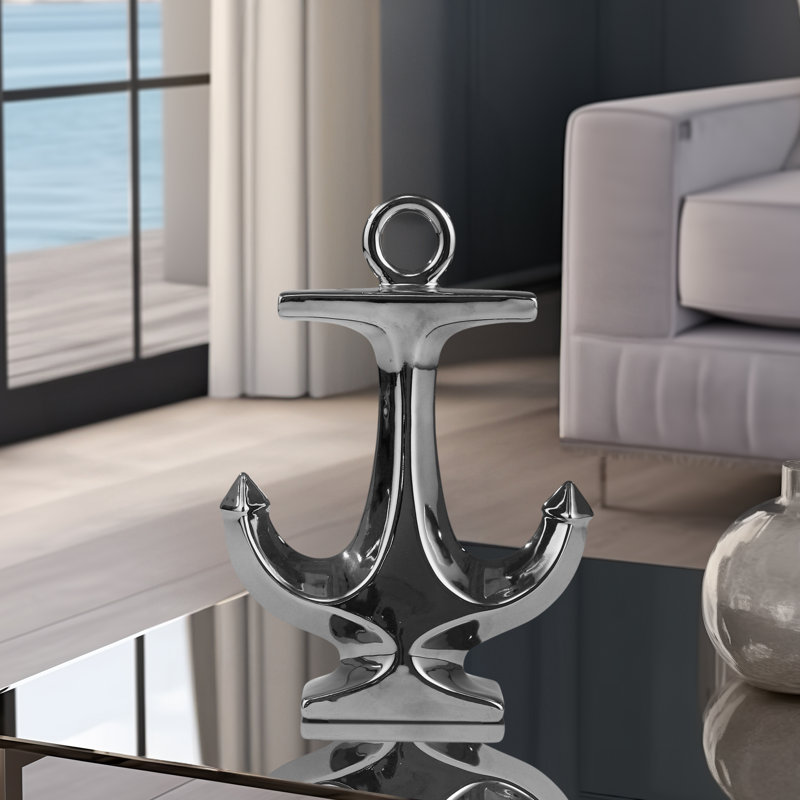 Wedemeyer Stoneware Ceramic Anchor Figurine - Stylish Nautical-Themed Decorative Object with Sleek Modern Design, Silver