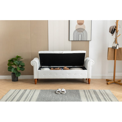 Banc de rangement en lin avec tabouret et table à langer avec pieds en bois pour le salon