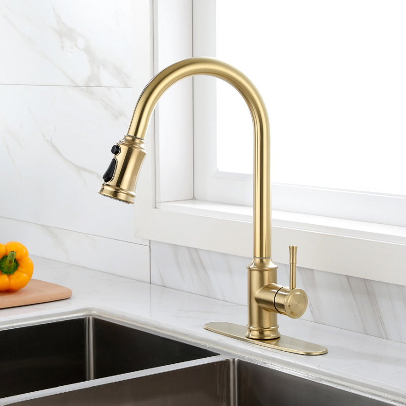 Robinet de cuisine brossé Gold Touch, corps en acier inoxydable, escamotable pour plusieurs éviers, gestion de l'eau à levier unique, buse rotative à 360 °, surface rouillée, robinet lisse et pétillant avec