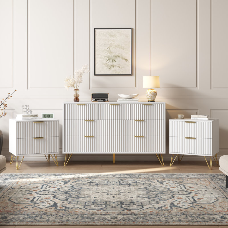 Ensemble de chambre à coucher avec lit cannelé 3 pièces, commode 7 tiroirs et 2 tables de chevet, White