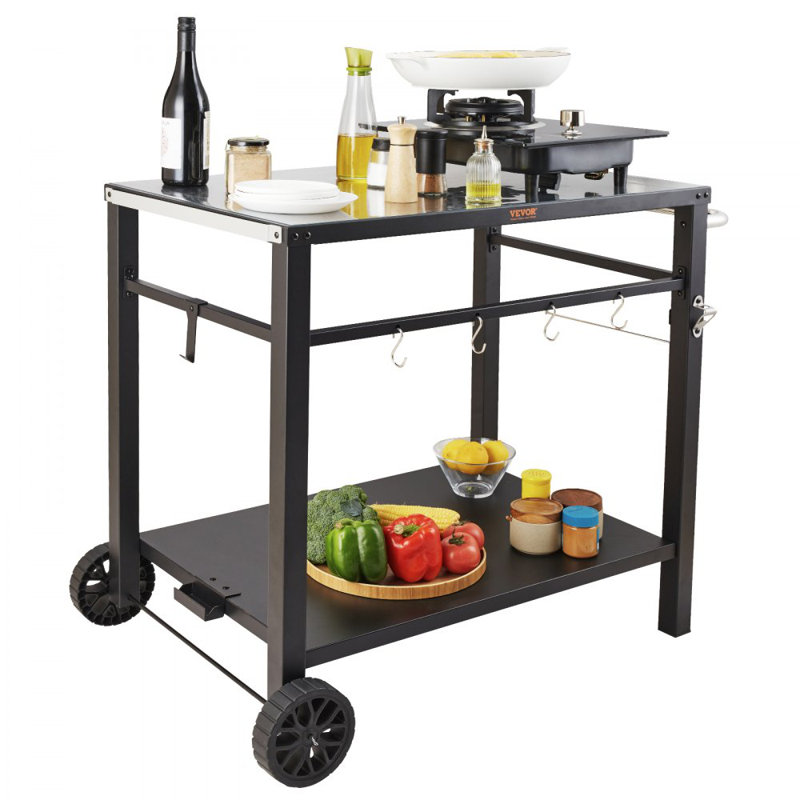 Chariot de salle à manger d'extérieur avec double tablette et table de préparation pour barbecue mobile