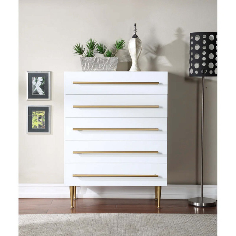 Commode contemporaine à 5 tiroirs avec détails dorés, commode 1 pièce pour chambre à coucher, unité de rangement en bois, blanc