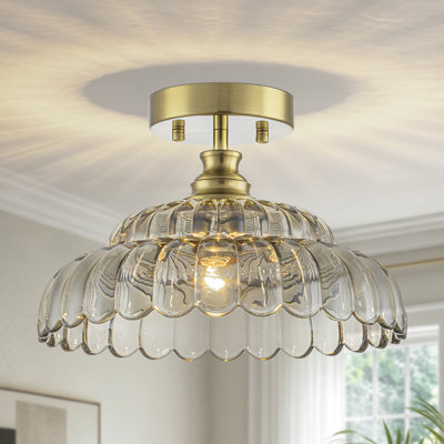 1-Light Ribbed Glass Semi Flush Mount Ceiling Light