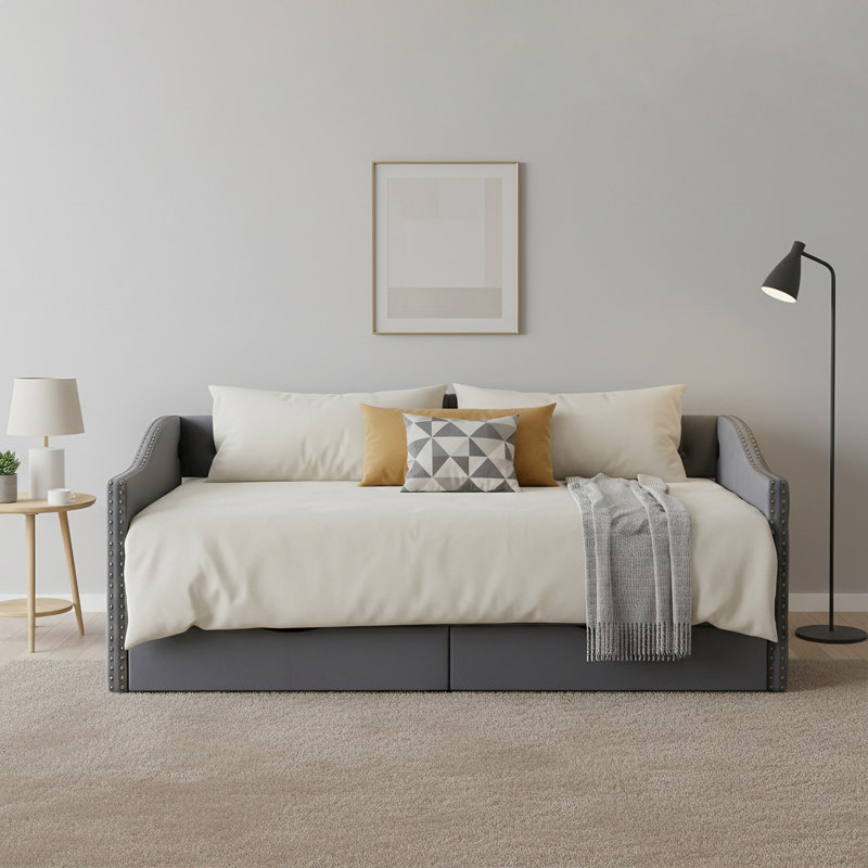 Lit de jour simple en velours avec tiroirs de rangement et station de charge Modern, Gris