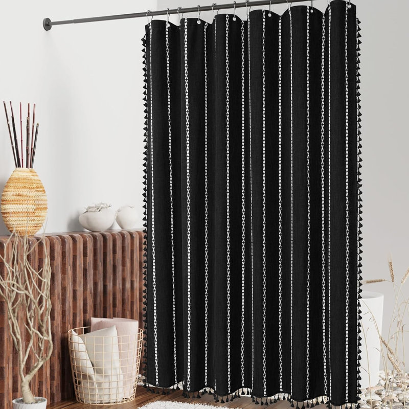 Rideau de douche Boho Farmhouse avec pampille, tissu en lin de coton ultra épais et infroissable, œillets résistants à la rouille, lavable à la machine pour un décor de salle de bain rustique