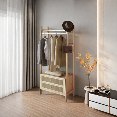 Ash Wood Coat Rack with Rattan Drawers