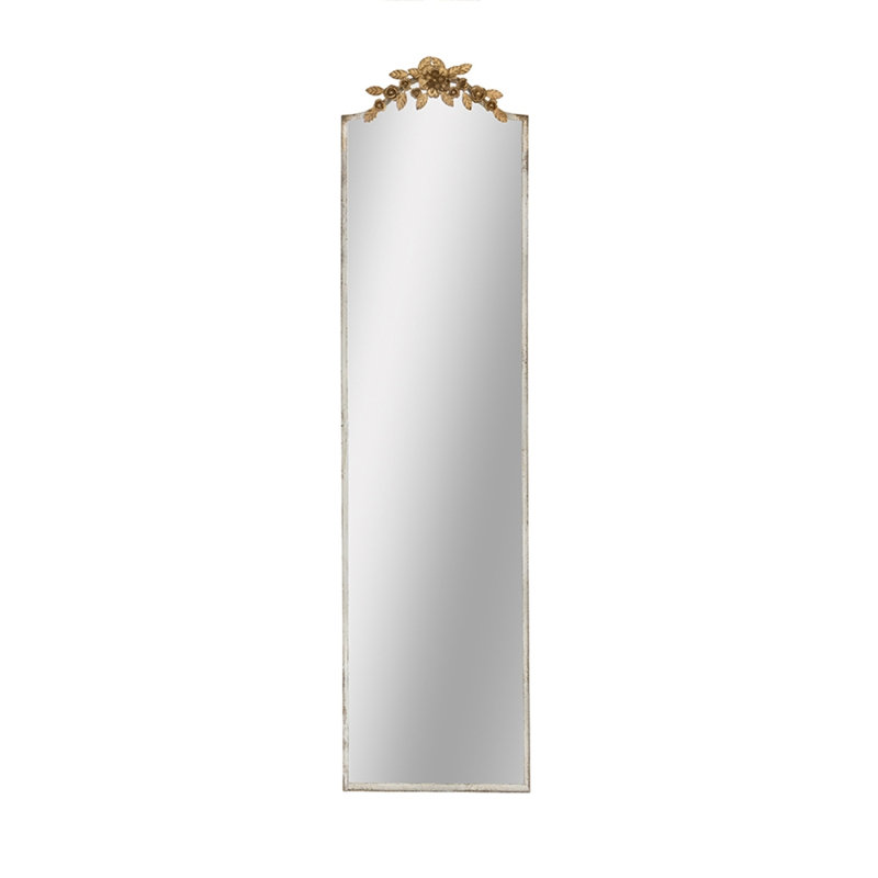 18.1X1.6X70.9" Large Rectangular Fulllength Mirror With Distressed Ivory Frame And Gold Floral Crown