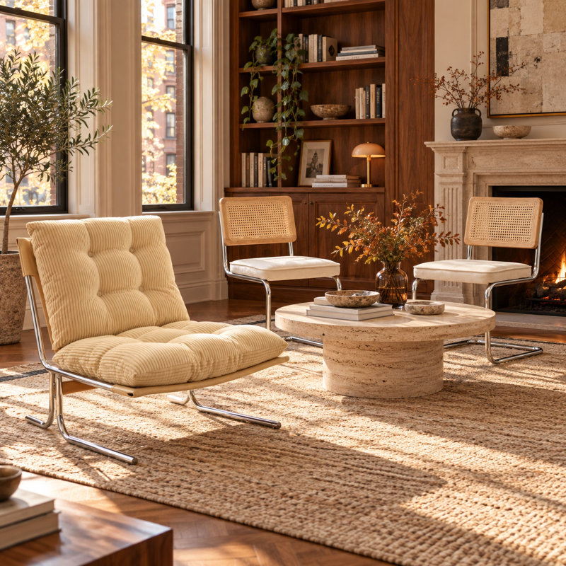 Ensemble de 3 pièces comprenant un fauteuil lounge capitonné et des chaises à dossier en rotin
