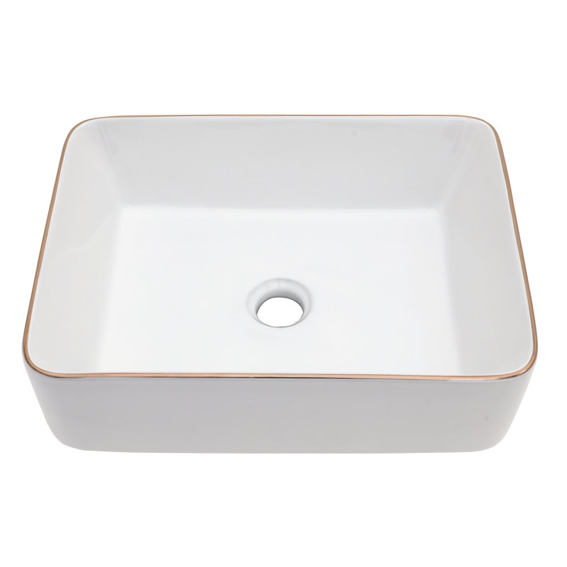 Mocoloo Ceramic Vessel Bathroom Sink Bathroom Sink with Decorative Rim, White/Gold, 5.5" H x 19" L x 15" W, Rectangular