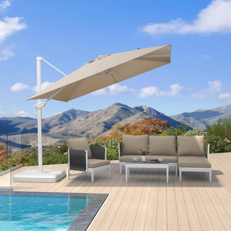 Parasol carré en porte-à-faux 9 pi avec base et rotation à 360 ° Ronak, Beige, L 108 po x P 108 po