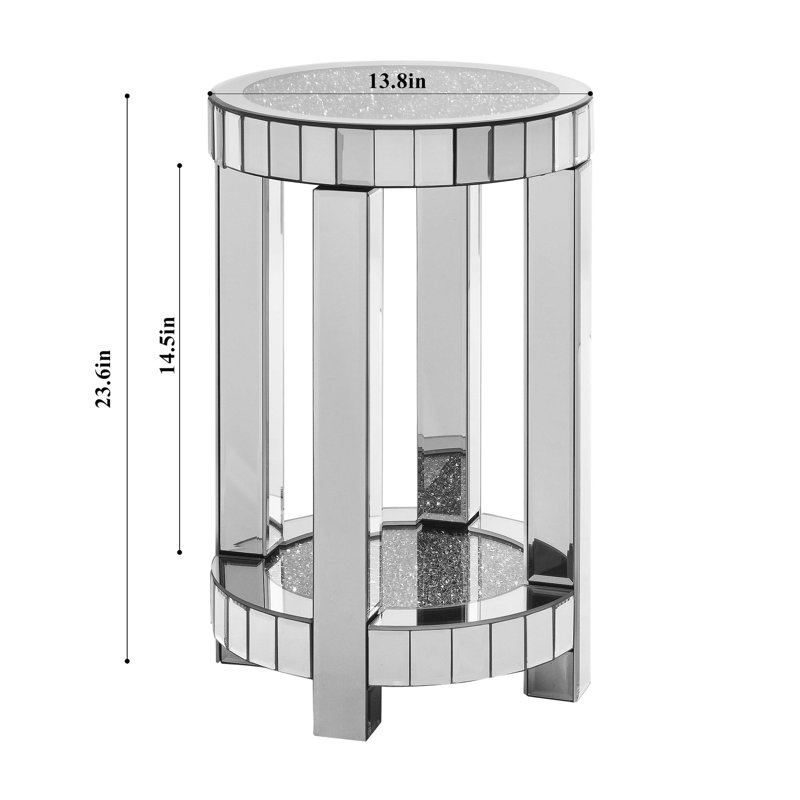 Mirror round table, 2-layer modern small sofa table with storage space, silver decorative table