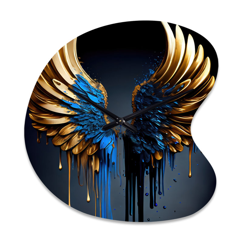 Horloge murale en métal bleu et or avec ailes d'ange III, Petit