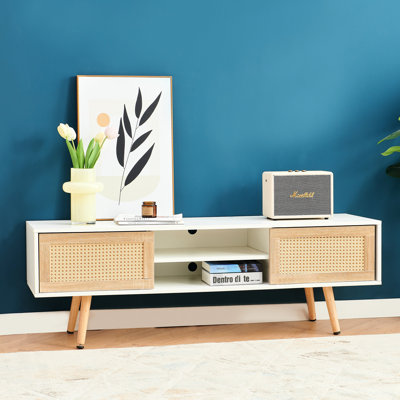 55.15" Tv Console With Doors, Double Sliding, Adjustable Shelf, Solid Wood Legs, White, For Living Room Decoration Cabinet, Sliding Base