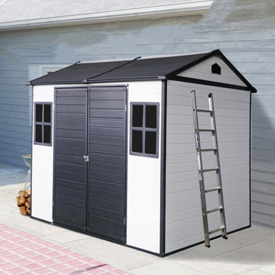 Remise de rangement extérieure en résine 8 x 6 pieds imperméable avec plancher, deux fenêtres et porte verrouillable