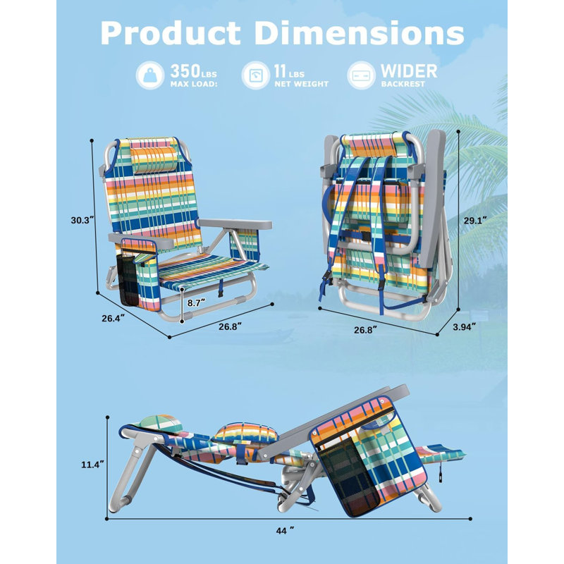Chaise de plage à dossier inclinable, chaises de plage pliantes portatives avec 5 positions réglables, glacière intégrée et sangles de sac à dos