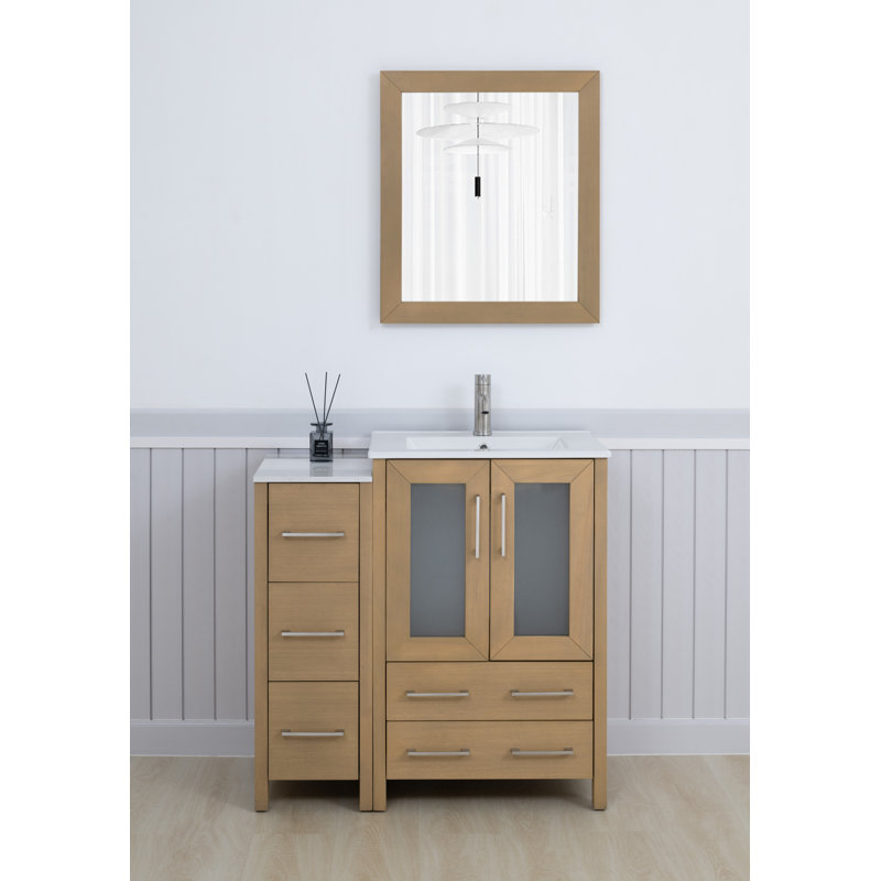 36" Single Bathroom Vanity with Top with Mirror, Natural Oak