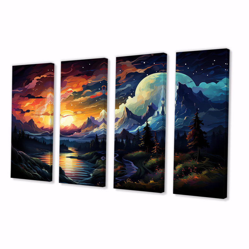 «Yellow Lakeside Mountain Sunset Wonderland II - Forest River Mountains», ensemble de 4 pièces d'art mural, H 28 po x l 48 po