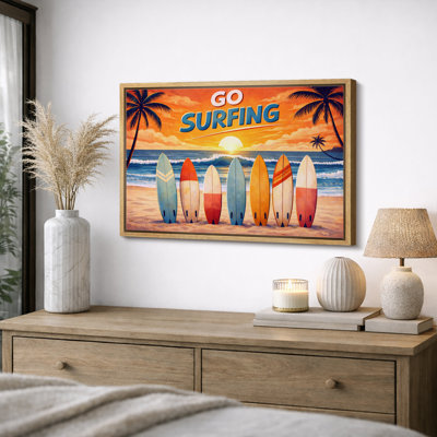 Retro Surfing Beach Artwork, Colorful Surfboards Coastal Living Room Pictures, Framed Canvas Giclee Print Wall Art
