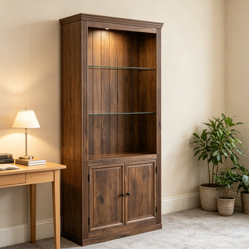 78.75''H 4-Tier Display Shelf, With LED Ceiling Warm Light, Freestanding Farmhouse Bookcases With Storage & Doors