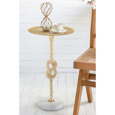 24 - Inch Tall Gold Side Table With Rope Knot Adornment Details And White Marble Base, As End In Art Style Rooms 13.8x13.8x24 Inches Ornamental Work For Displaying