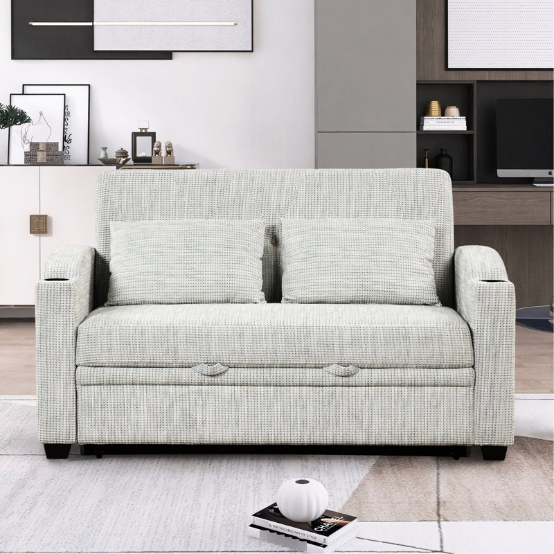 Lit convertible avec tissu d'ameublement en chenille réglable, porte-gobelets, hublots, 2 coussins, gris blanc pour la décoration intérieure, texture de 61,6 po, espaces de détente quotidiens