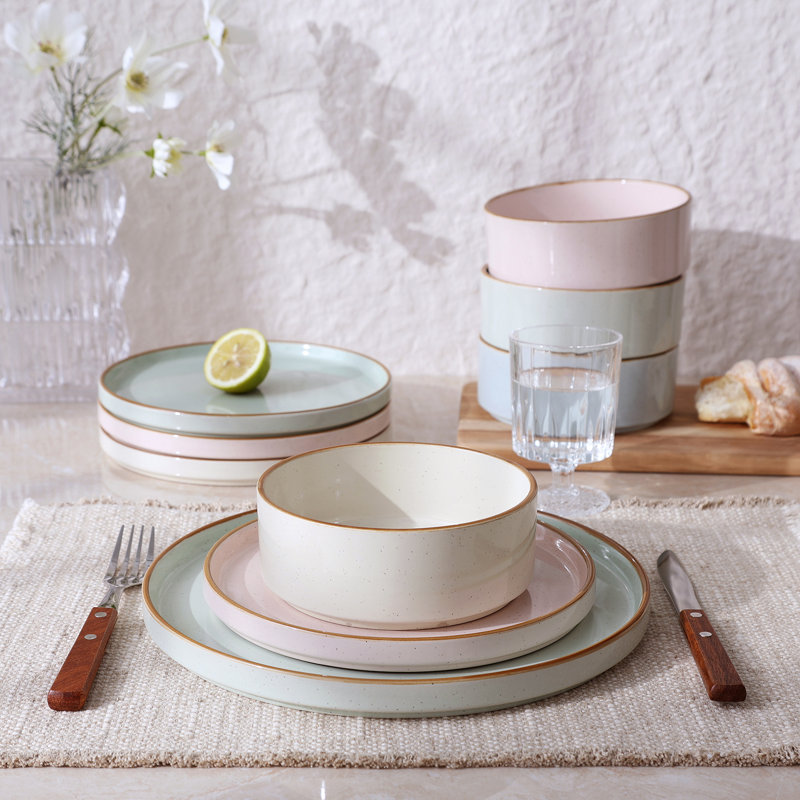  Nebula Plates And Bowls Sets, 12 Piece Dinnerware Sets, Multi-Colour with Brown Rim