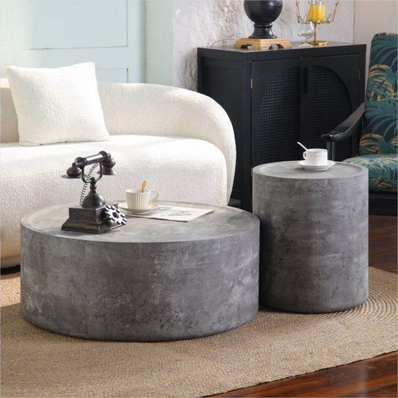 Table basse ronde à tambour avec faux béton, panneau de fibres à densité moyenne gris doux, aucun assemblage requis pour le salon