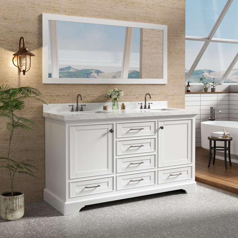 Meuble-lavabo double 60 po avec plateau en pierre reconstituée Linsay, Blanc