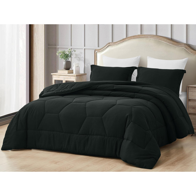 Washed Microfiber Bedding Honeycomb Comforter Set, King Comforter + 2 King Shams, Black