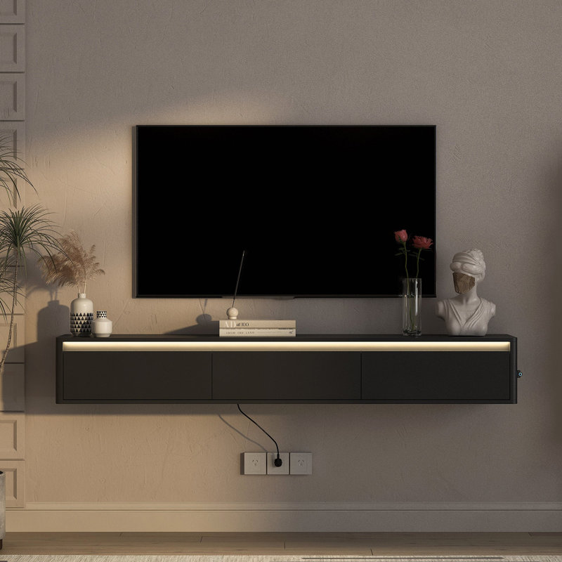Meuble télé flottant, meuble télé mural avec lumières DEL et armoire de prise de courant pour meuble télé de salon, Noir