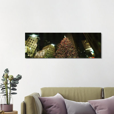 Christmas Tree Lit up at Night, Rockefeller Center, Manhattan 1 Piece Wrapped Canvas Panoramic Wall Art