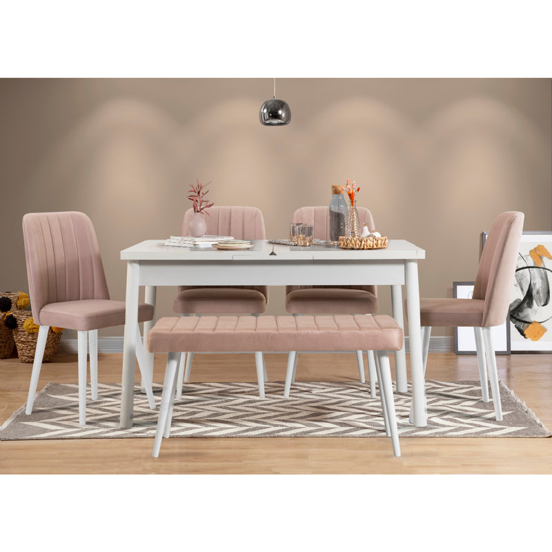 Ensemble de table et chaises de salle à manger extensible Modern (6 pièces) | 100% panneau de particules enduit de mélamine, table: 47,2 po x 29,5 po x 29,5 po, ouverture: 60,2 po x 29,5 po x 29,5 po | 4 chaises en mousse de lin: 18,5 po x 35,4 po, ban